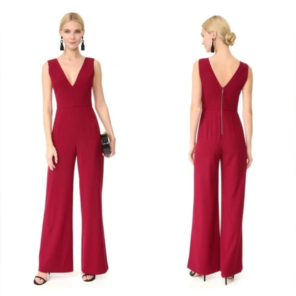 Alice + Olivia Pants - Alice + Olivia Lina Deep V-Neck Sleeveless Wide Leg Red Crepe Jumpsuit Sz Small